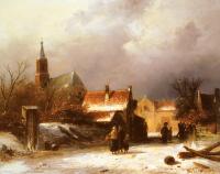 Leickert, Charles Henri Joseph - Figures on a snow covered Path with a Dutch Town beyond